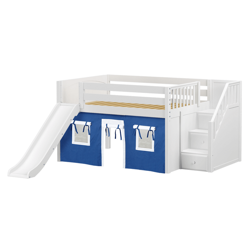 Maxtrix Full Low Loft Bed with Stairs, Curtain + Slide