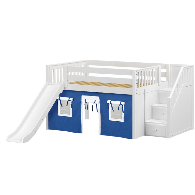 Maxtrix Full Low Loft Bed with Stairs, Curtain + Slide