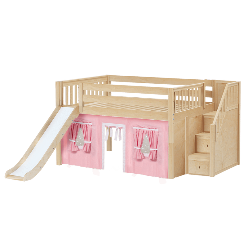 Maxtrix Full Low Loft Bed with Stairs, Curtain + Slide