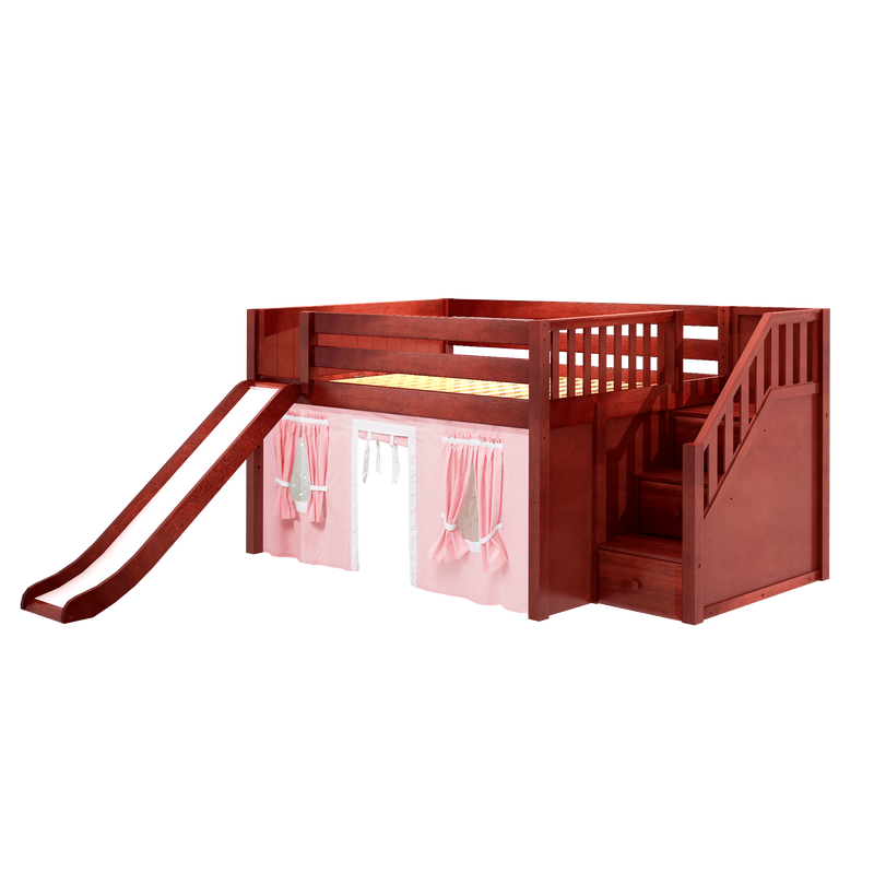 Maxtrix Full Low Loft Bed with Stairs, Curtain + Slide