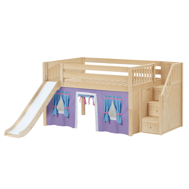 Maxtrix Full Low Loft Bed with Stairs, Curtain + Slide