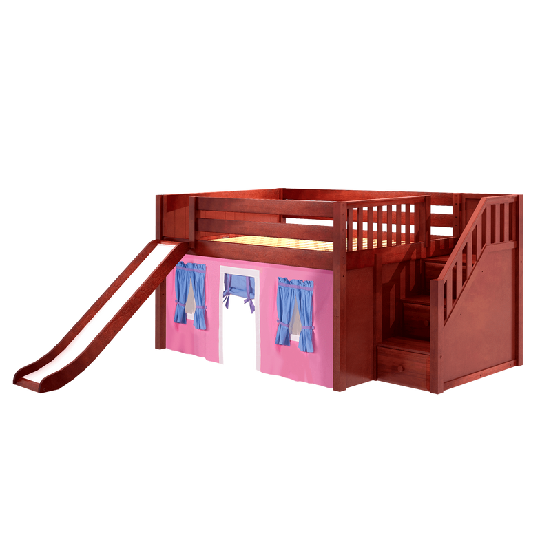Maxtrix Full Low Loft Bed with Stairs, Curtain + Slide