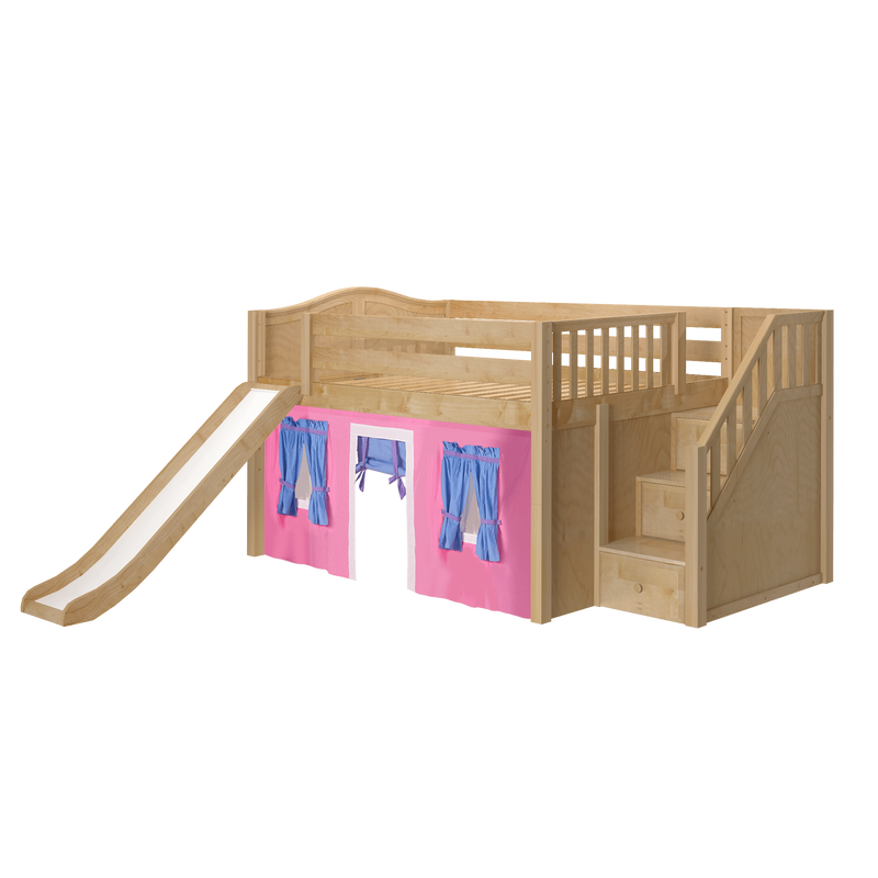 Maxtrix Full Low Loft Bed with Stairs, Curtain + Slide