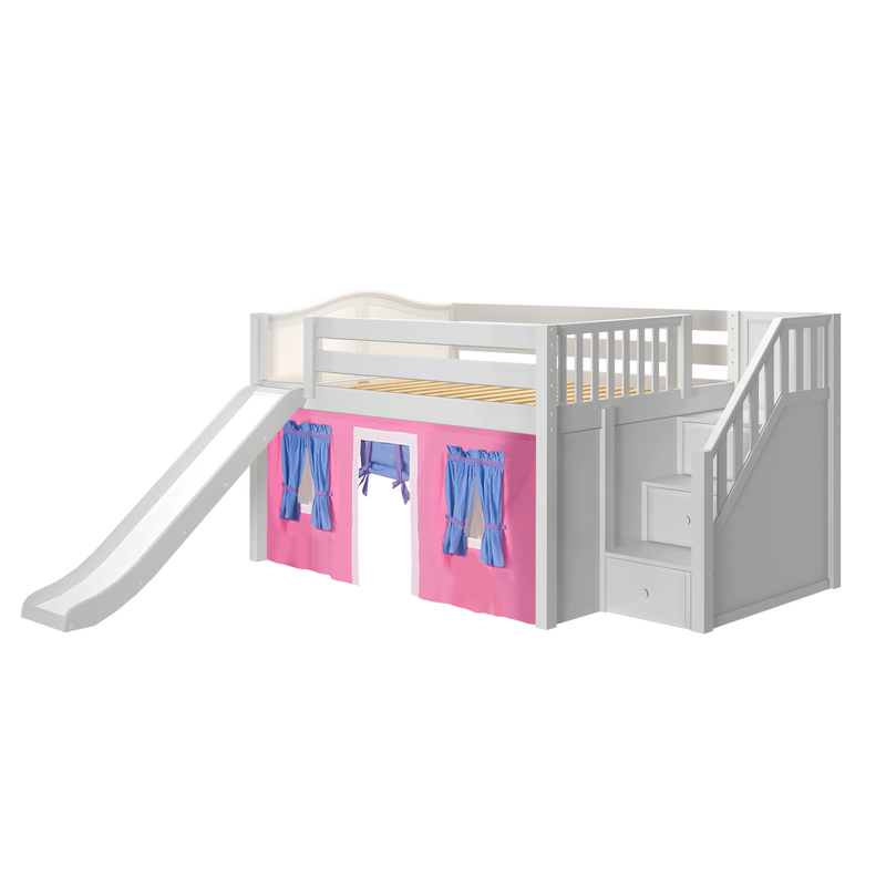 Maxtrix Full Low Loft Bed with Stairs, Curtain + Slide