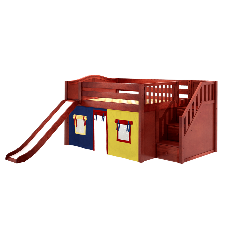 Maxtrix Full Low Loft Bed with Stairs, Curtain + Slide