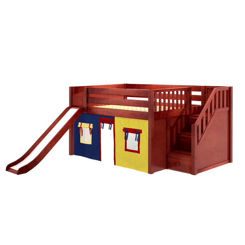 Maxtrix Full Low Loft Bed with Stairs, Curtain + Slide