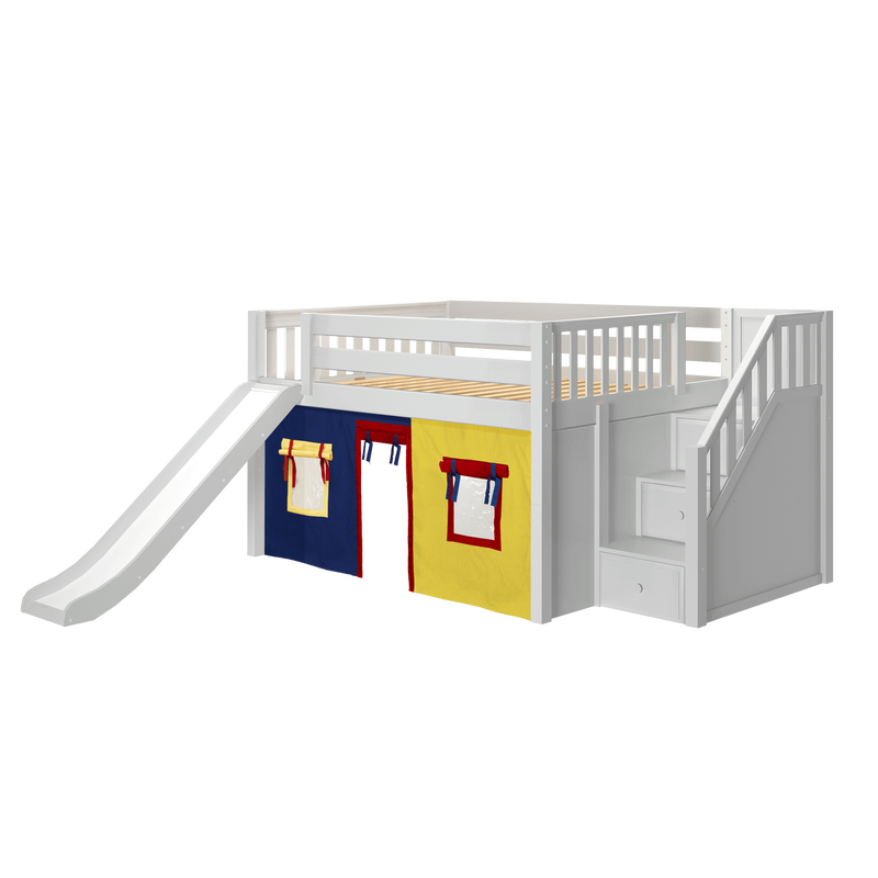 Maxtrix Full Low Loft Bed with Stairs, Curtain + Slide