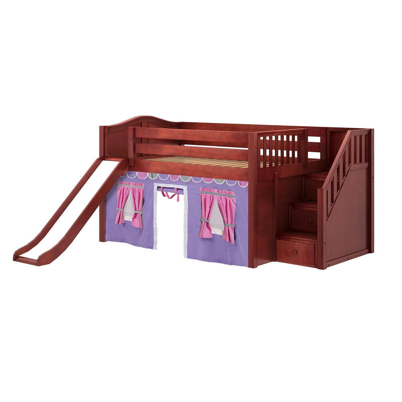 Maxtrix Full Low Loft Bed with Stairs, Curtain + Slide