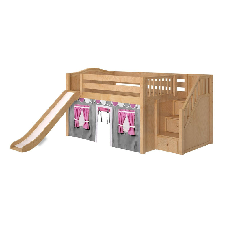 Maxtrix Full Low Loft Bed with Stairs, Curtain + Slide