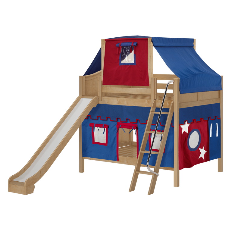 Maxtrix Full Medium Bunk Bed with Angled Ladder, Curtain, Top Tent + Slide