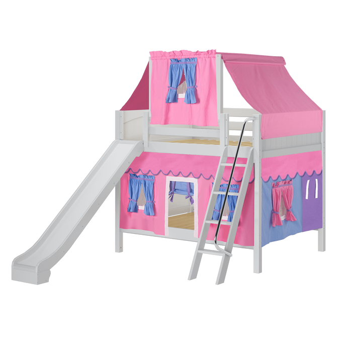 Maxtrix Full Medium Bunk Bed with Angled Ladder, Curtain, Top Tent + Slide