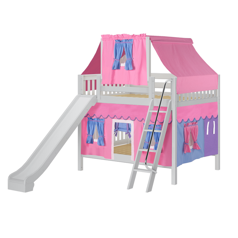 Maxtrix Full Medium Bunk Bed with Angled Ladder, Curtain, Top Tent + Slide