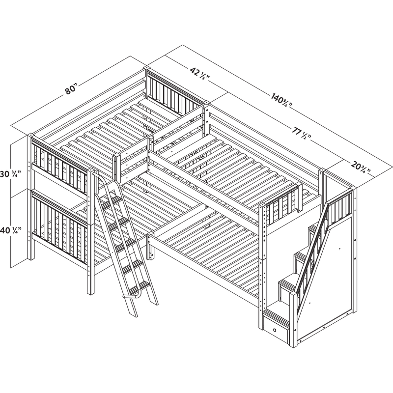 Maxtrix Twin High Corner Bunk Bed with Ladder + Stairs - R