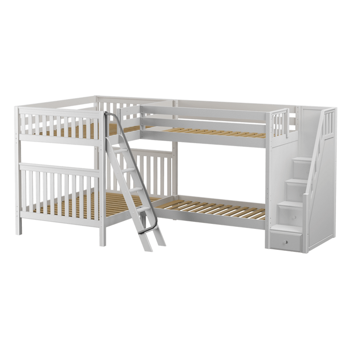 Maxtrix Full High Corner Bunk Bed with Ladder + Stairs - R