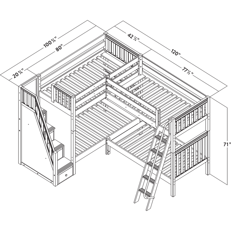 Maxtrix Twin High Corner Bunk Bed with Ladder + Stairs - L