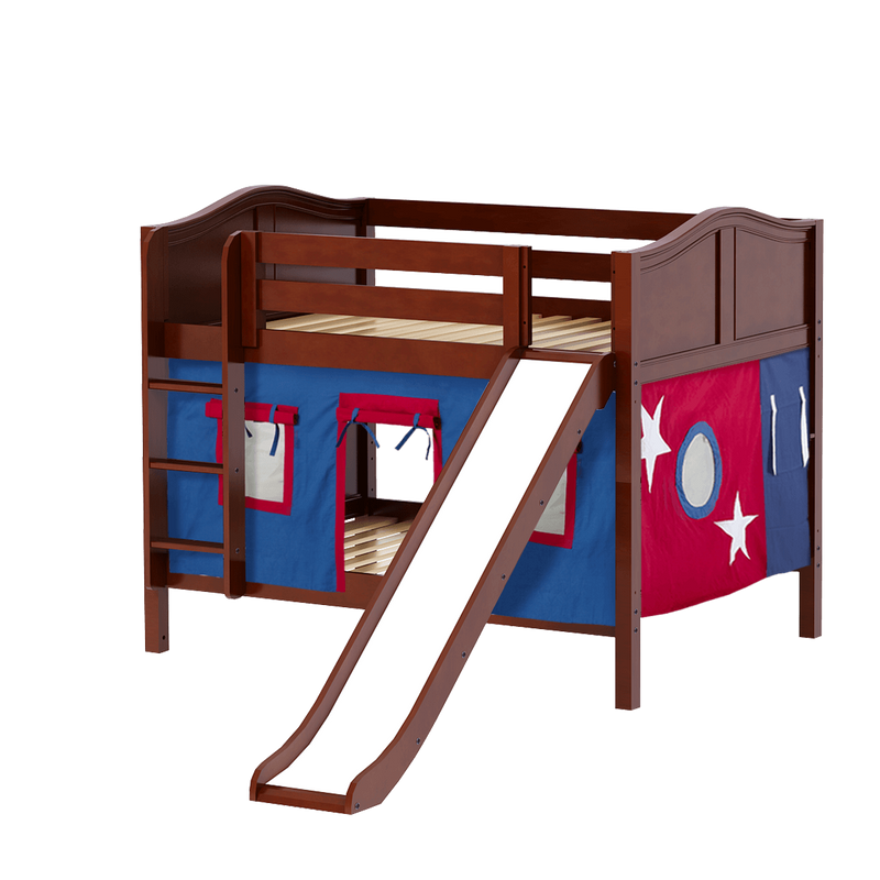Maxtrix Full Low Bunk Bed with Straight Ladder, Curtain + Slide
