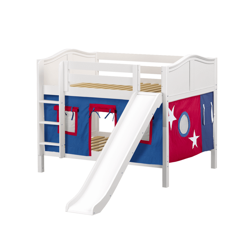 Maxtrix Full Low Bunk Bed with Straight Ladder, Curtain + Slide