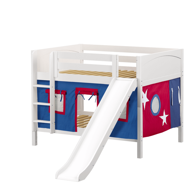 Maxtrix Full Low Bunk Bed with Straight Ladder, Curtain + Slide