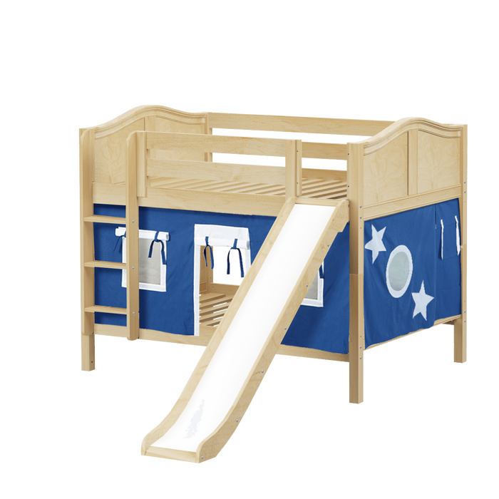 Maxtrix Full Low Bunk Bed with Straight Ladder, Curtain + Slide