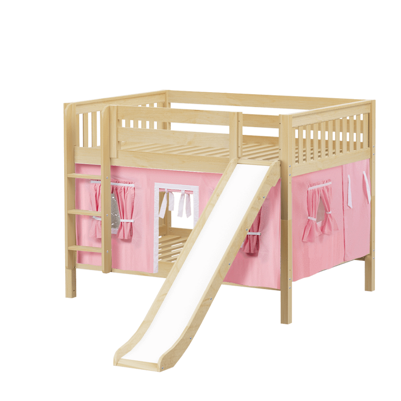 Maxtrix Full Low Bunk Bed with Straight Ladder, Curtain + Slide