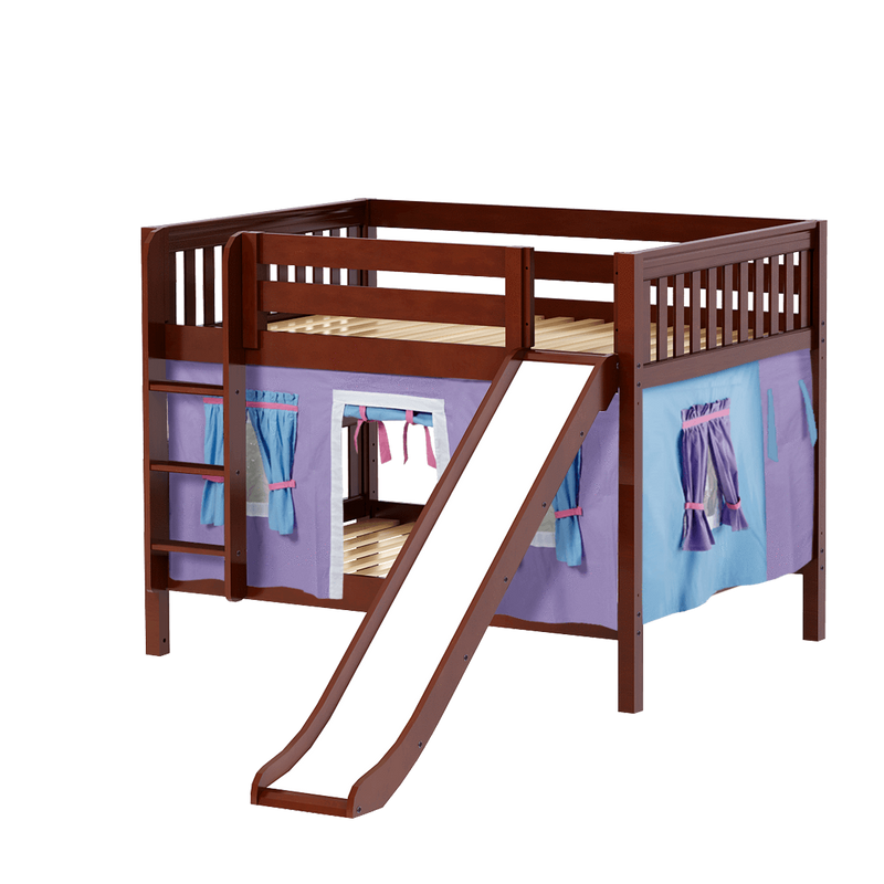 Maxtrix Full Low Bunk Bed with Straight Ladder, Curtain + Slide