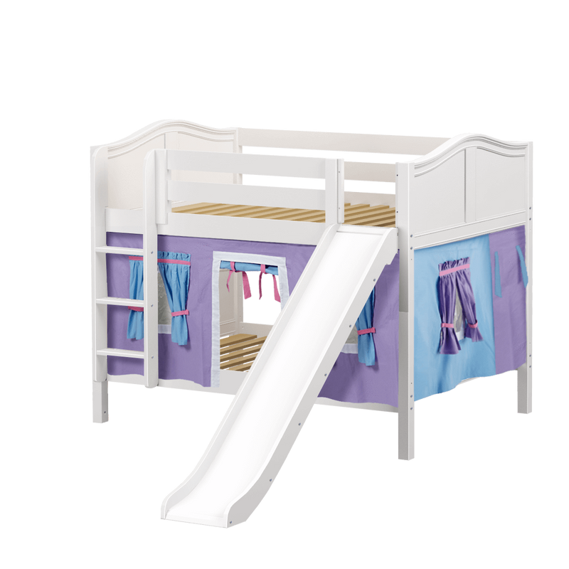 Maxtrix Full Low Bunk Bed with Straight Ladder, Curtain + Slide