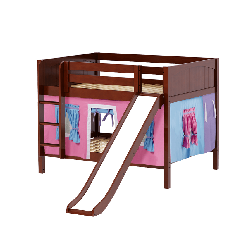 Maxtrix Full Low Bunk Bed with Straight Ladder, Curtain + Slide