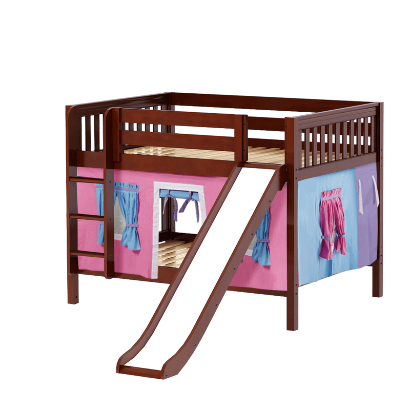 Maxtrix Full Low Bunk Bed with Straight Ladder, Curtain + Slide