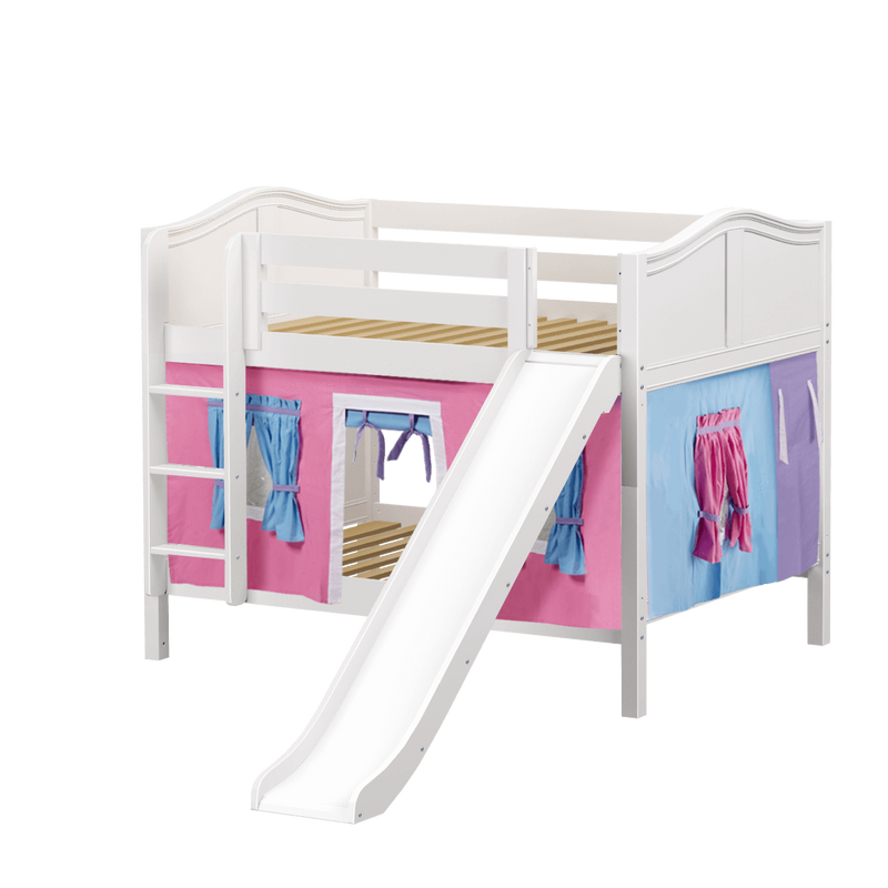 Maxtrix Full Low Bunk Bed with Straight Ladder, Curtain + Slide