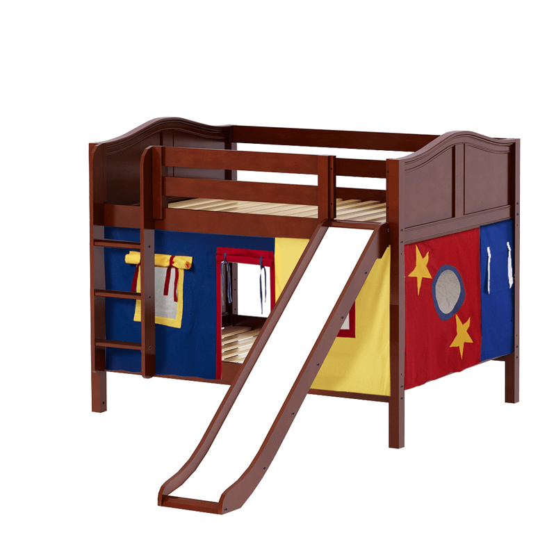 Maxtrix Full Low Bunk Bed with Straight Ladder, Curtain + Slide