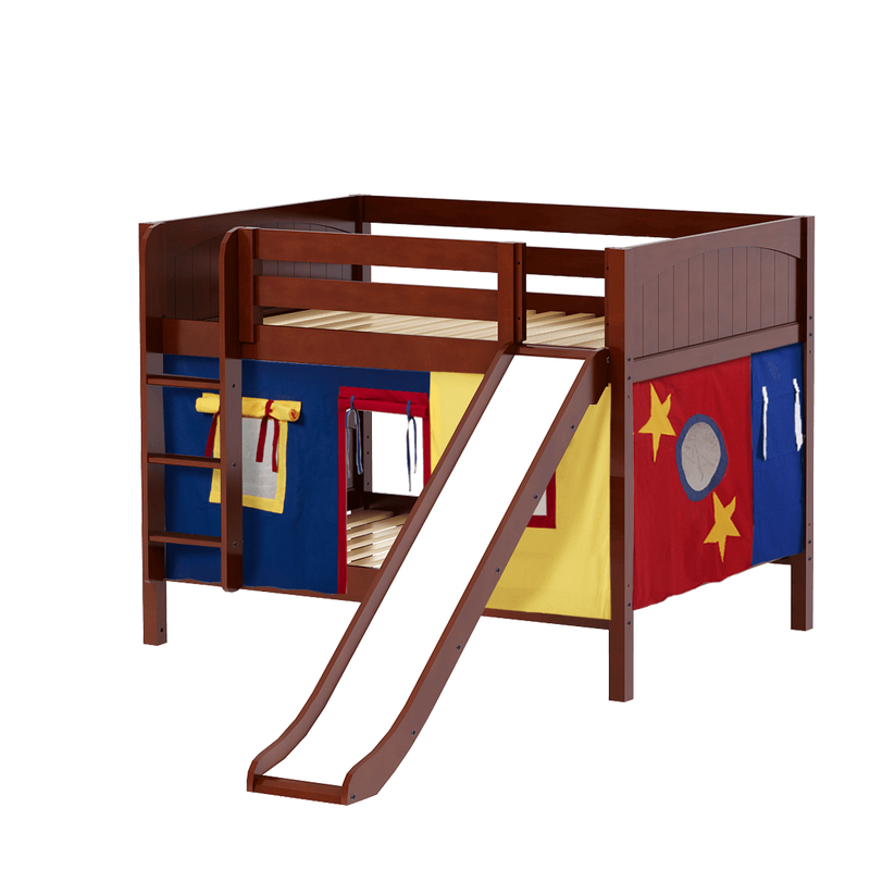 Maxtrix Full Low Bunk Bed with Straight Ladder, Curtain + Slide