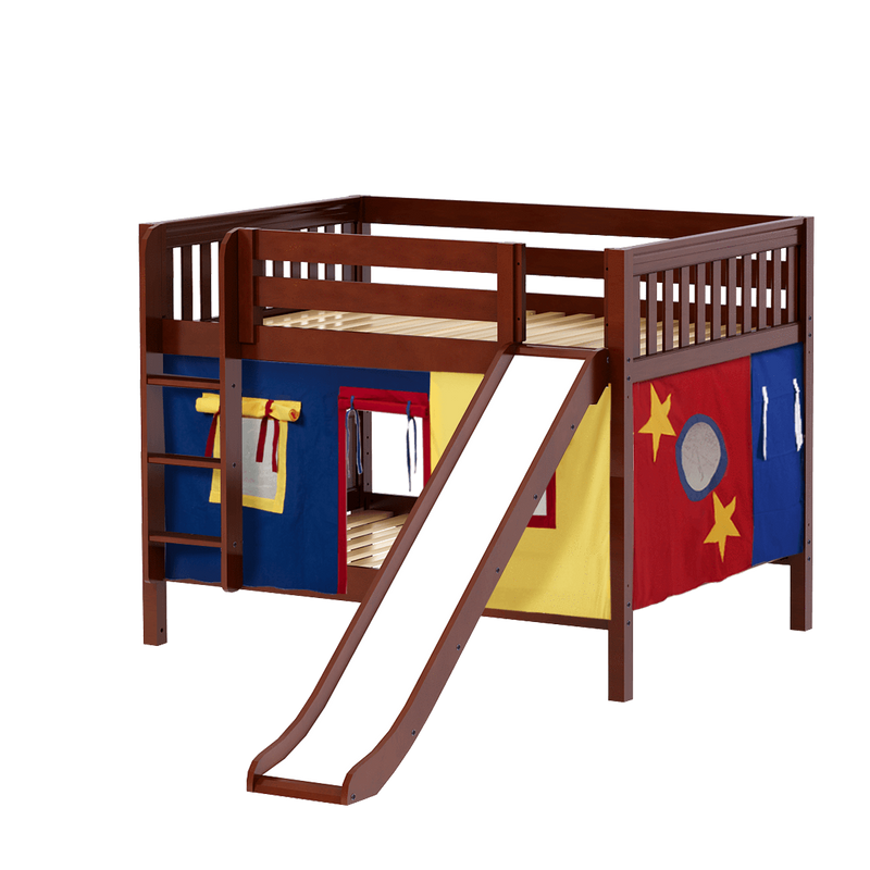 Maxtrix Full Low Bunk Bed with Straight Ladder, Curtain + Slide