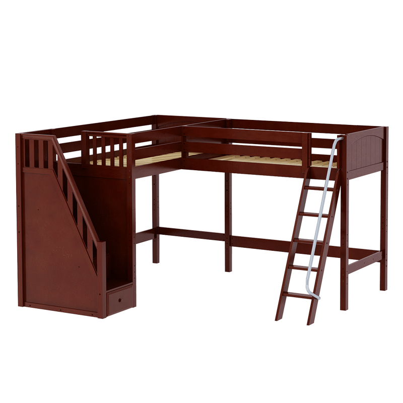 Maxtrix Twin High Corner Loft Bed with Ladder + Stairs - L