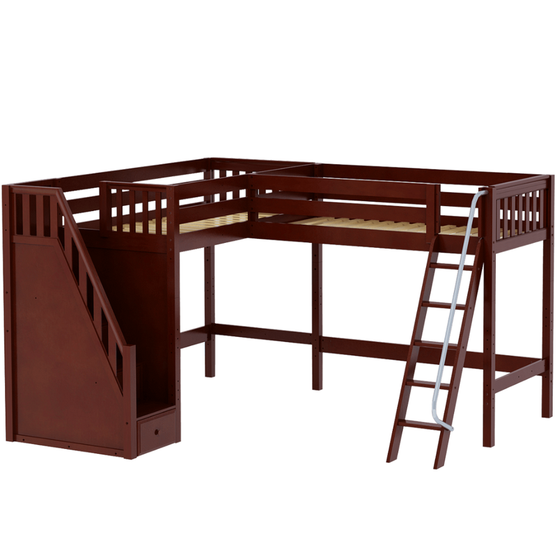 Maxtrix Twin XL High Corner Loft Bed with Ladder + Stairs - L