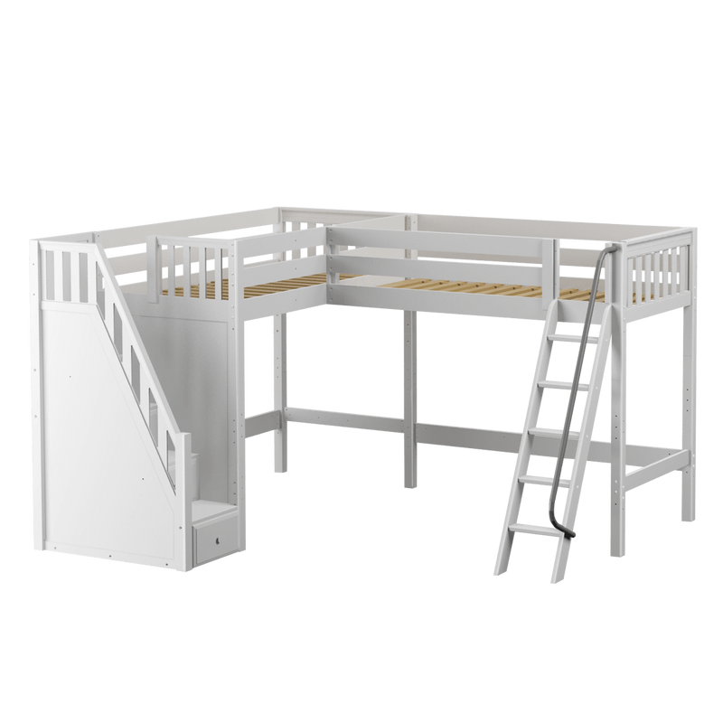 Maxtrix Twin High Corner Loft Bed with Ladder + Stairs - L