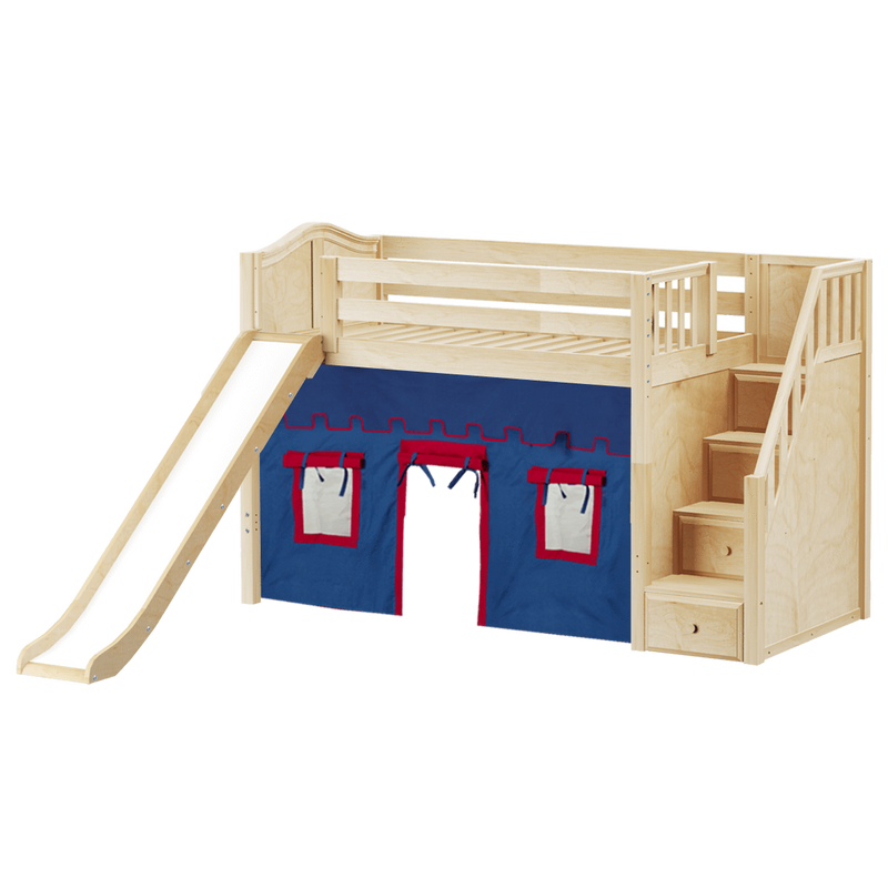 Maxtrix Twin Mid Loft Bed with Stairs, Curtain + Slide