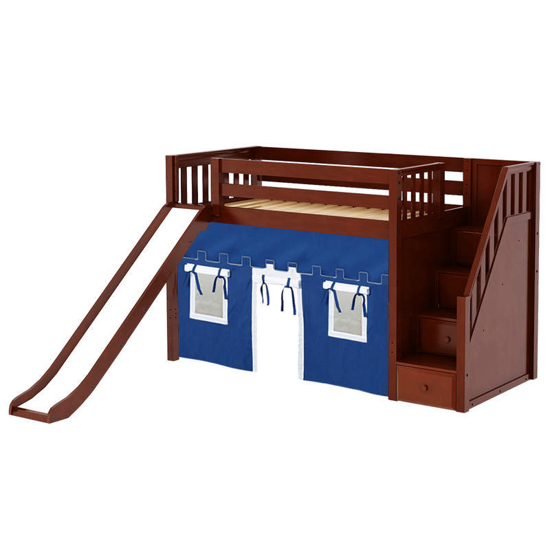 Maxtrix Twin Mid Loft Bed with Stairs, Curtain + Slide