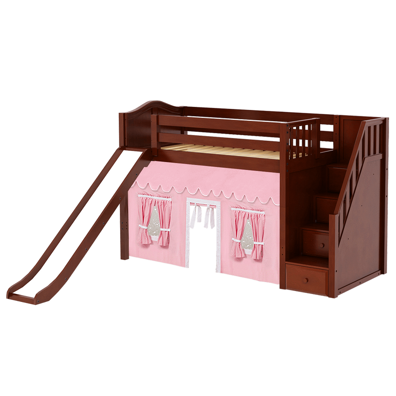 Maxtrix Twin Mid Loft Bed with Stairs, Curtain + Slide