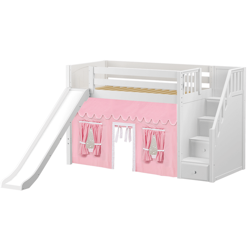 Maxtrix Twin Mid Loft Bed with Stairs, Curtain + Slide