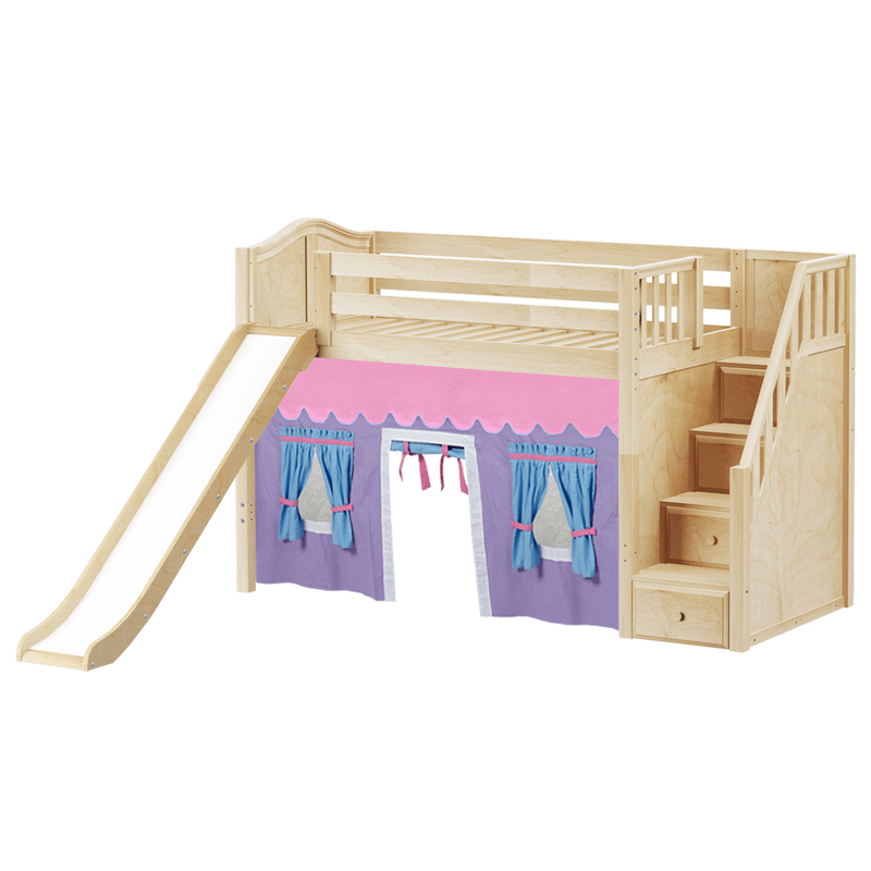 Maxtrix Twin Mid Loft Bed with Stairs, Curtain + Slide