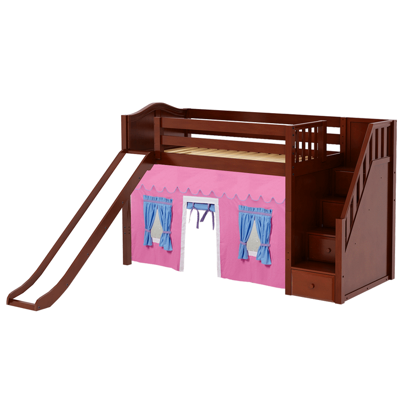 Maxtrix Twin Mid Loft Bed with Stairs, Curtain + Slide