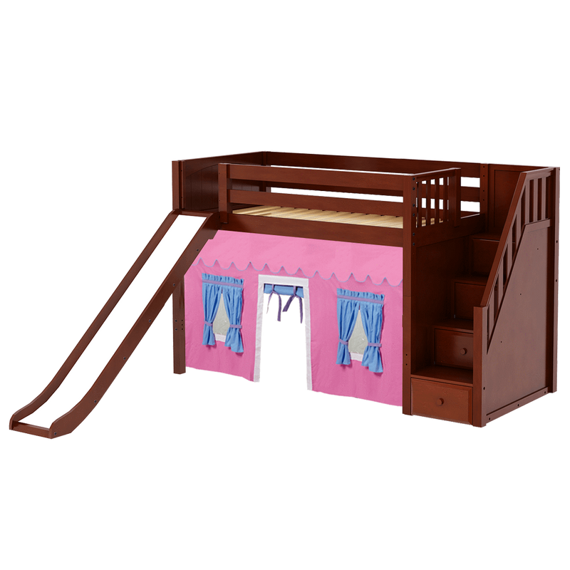 Maxtrix Twin Mid Loft Bed with Stairs, Curtain + Slide