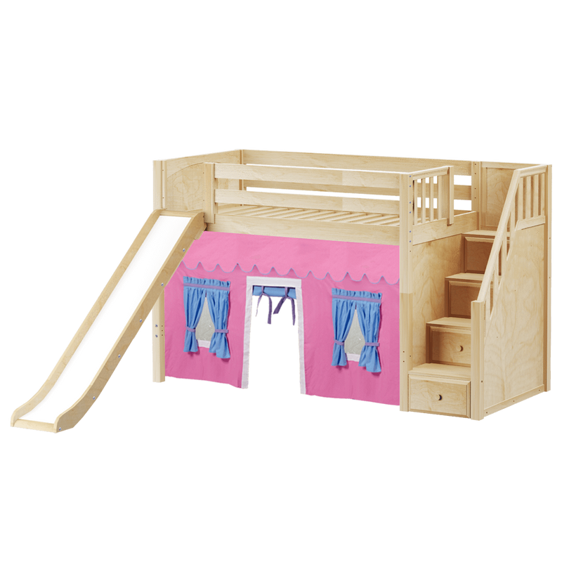 Maxtrix Twin Mid Loft Bed with Stairs, Curtain + Slide