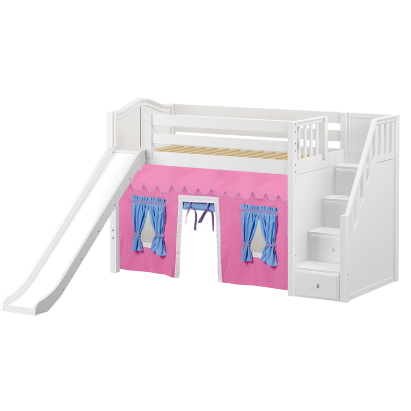 Maxtrix Twin Mid Loft Bed with Stairs, Curtain + Slide