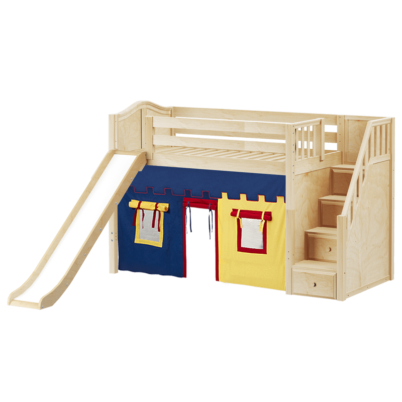 Maxtrix Twin Mid Loft Bed with Stairs, Curtain + Slide
