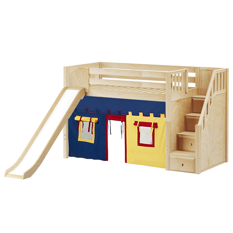 Maxtrix Twin Mid Loft Bed with Stairs, Curtain + Slide