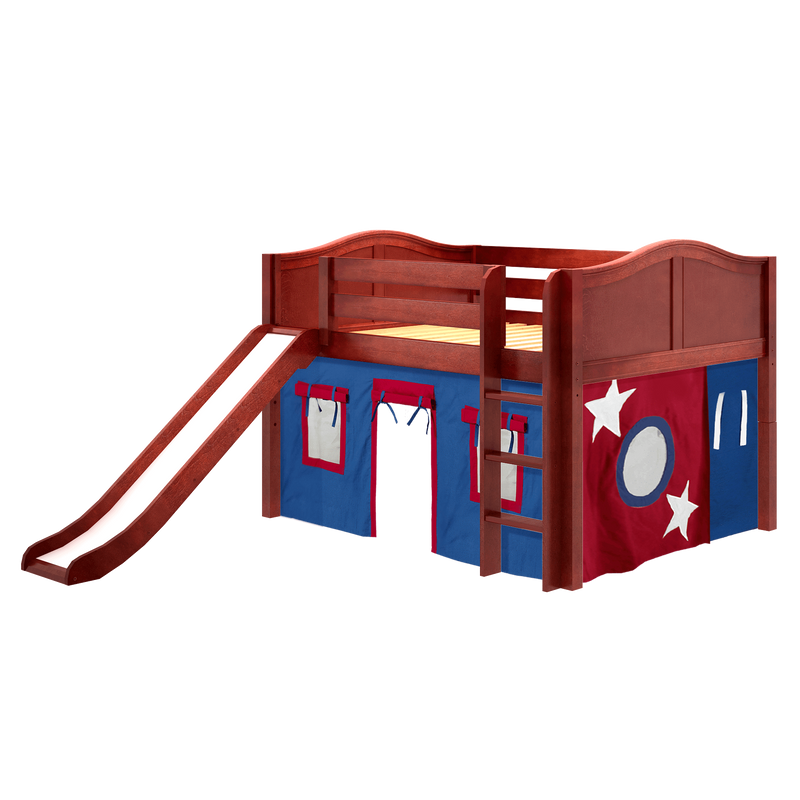 Maxtrix Full Low Loft Bed with Straight Ladder, Curtain + Slide