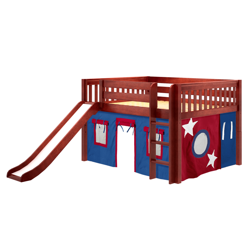 Maxtrix Full Low Loft Bed with Straight Ladder, Curtain + Slide