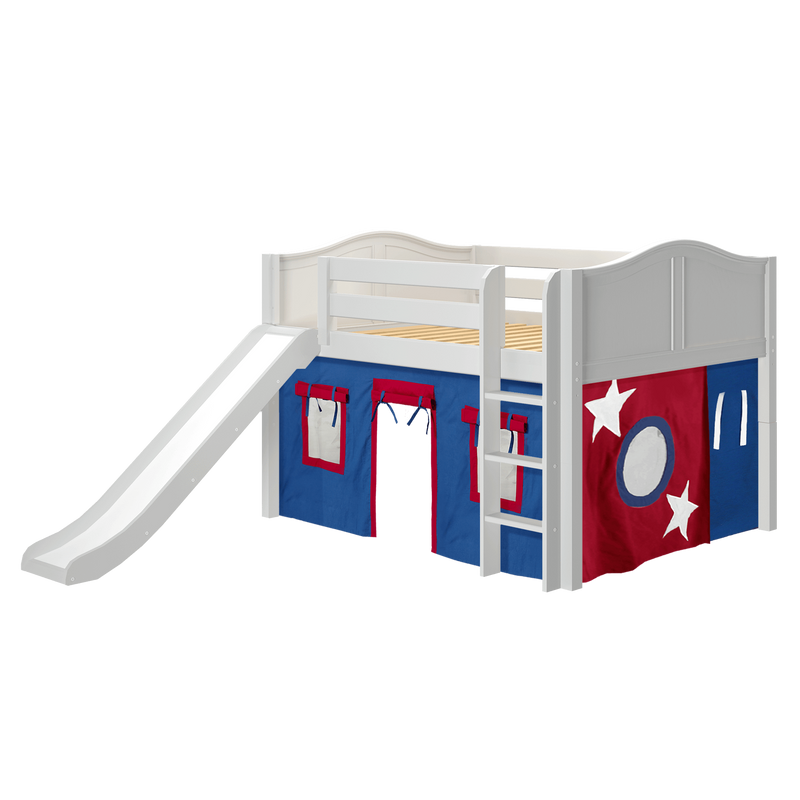 Maxtrix Full Low Loft Bed with Straight Ladder, Curtain + Slide