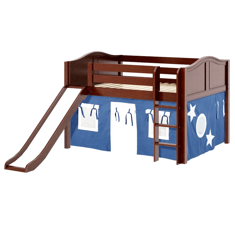 Maxtrix Full Low Loft Bed with Straight Ladder, Curtain + Slide